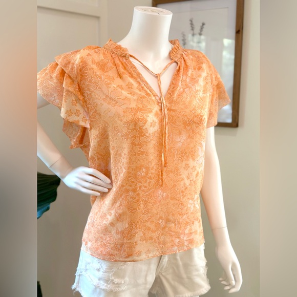 House of Harlow 1960 Peach and White Flutter Sleeve Blouse Tie Neck Size Large - Picture 3 of 8